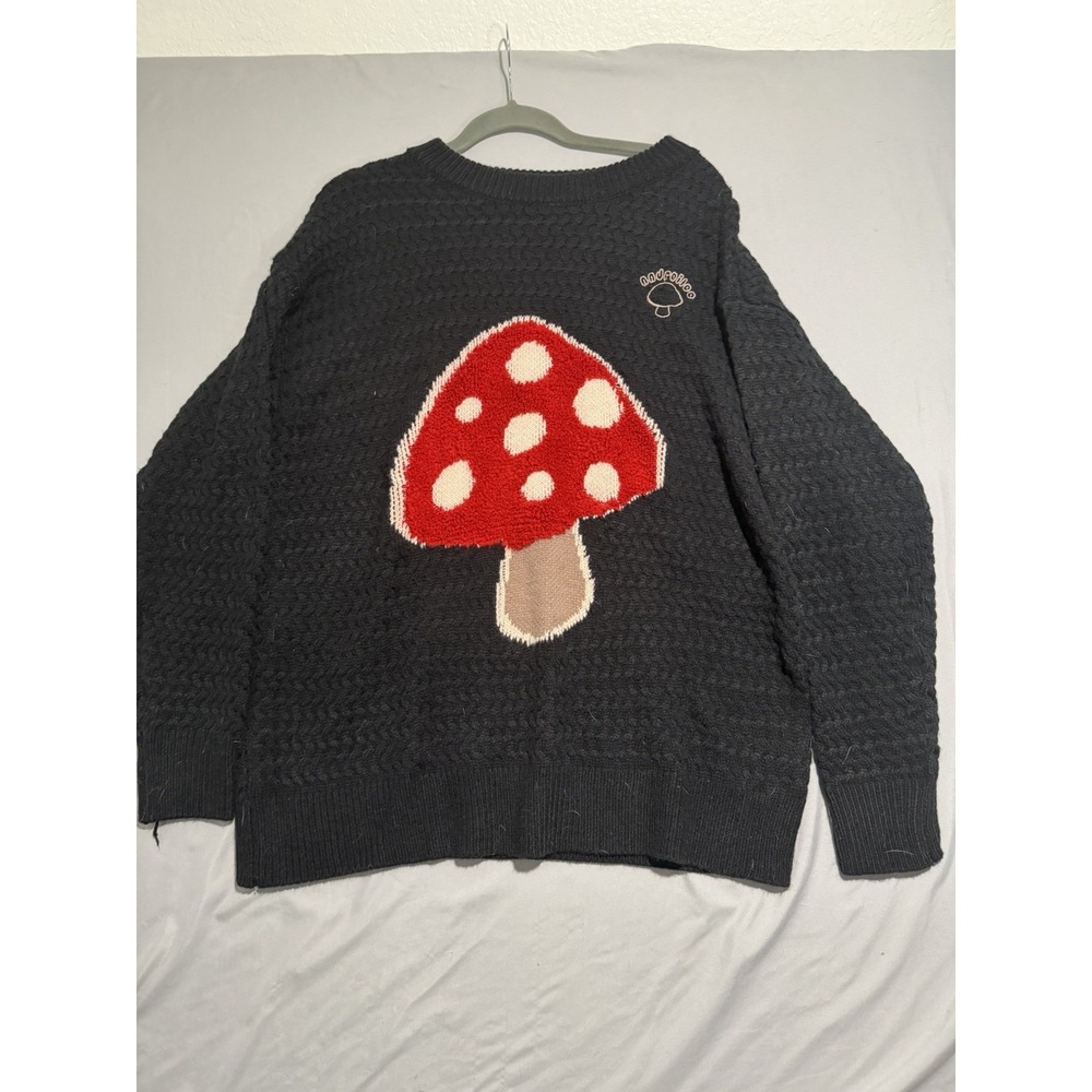unbranded black knit pullover‎ ls sweater with big mushroom, women's large
